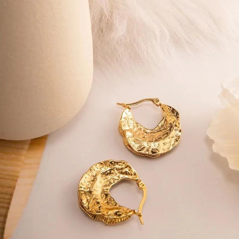 Irregular Pleated Earrings for Women 18K Gold Stainless Steel Vintage Geometric Design Exaggerated Fashion Hoop Earrings