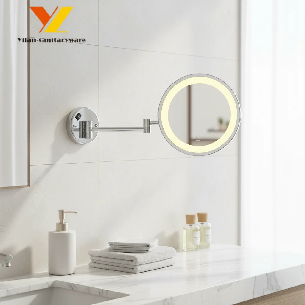 Hotel Apartment Wall Brass Chrome Plated Silver Lenses Traditional Design LED Lighted Magnifying Makeup Mirror Dual Arm Extend