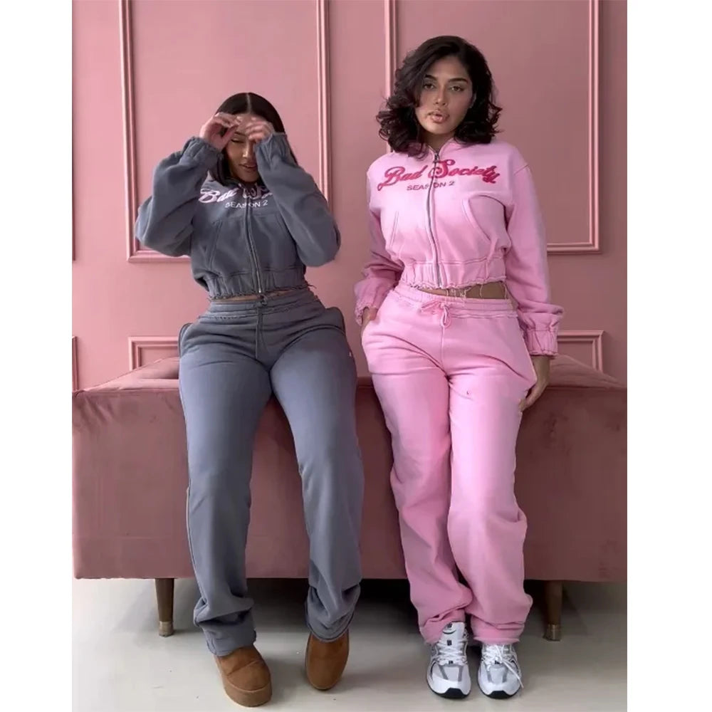 High Quality Cropped Hoodie and Sweatpants Set Women Clothing Set Custom Puff Printing Two Piece Pants Set Streetwear Tracksuits