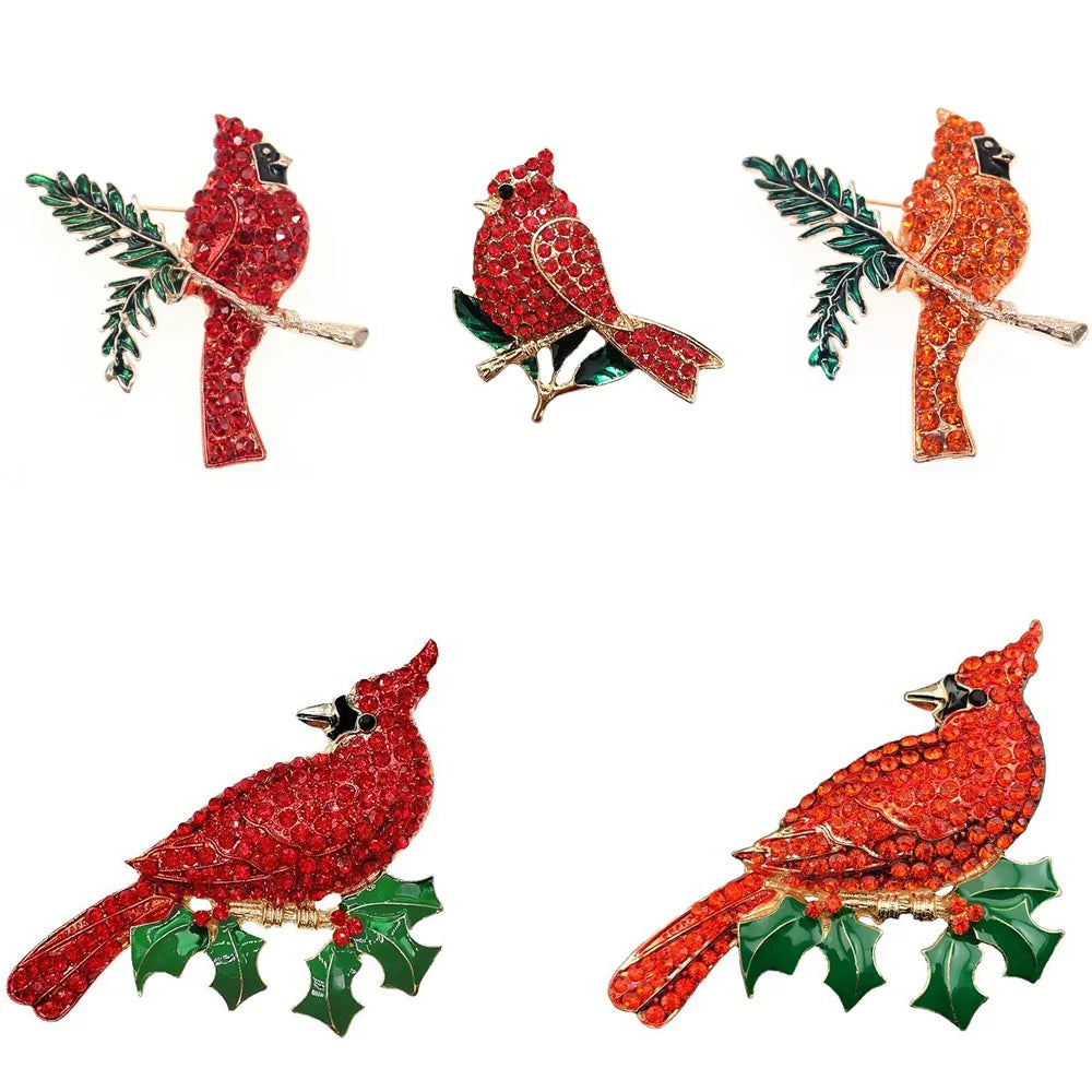Rhinestone Red Cardinal Crystal Christmas Holiday Bird Brooch Animal Pins for Clothing Decoration