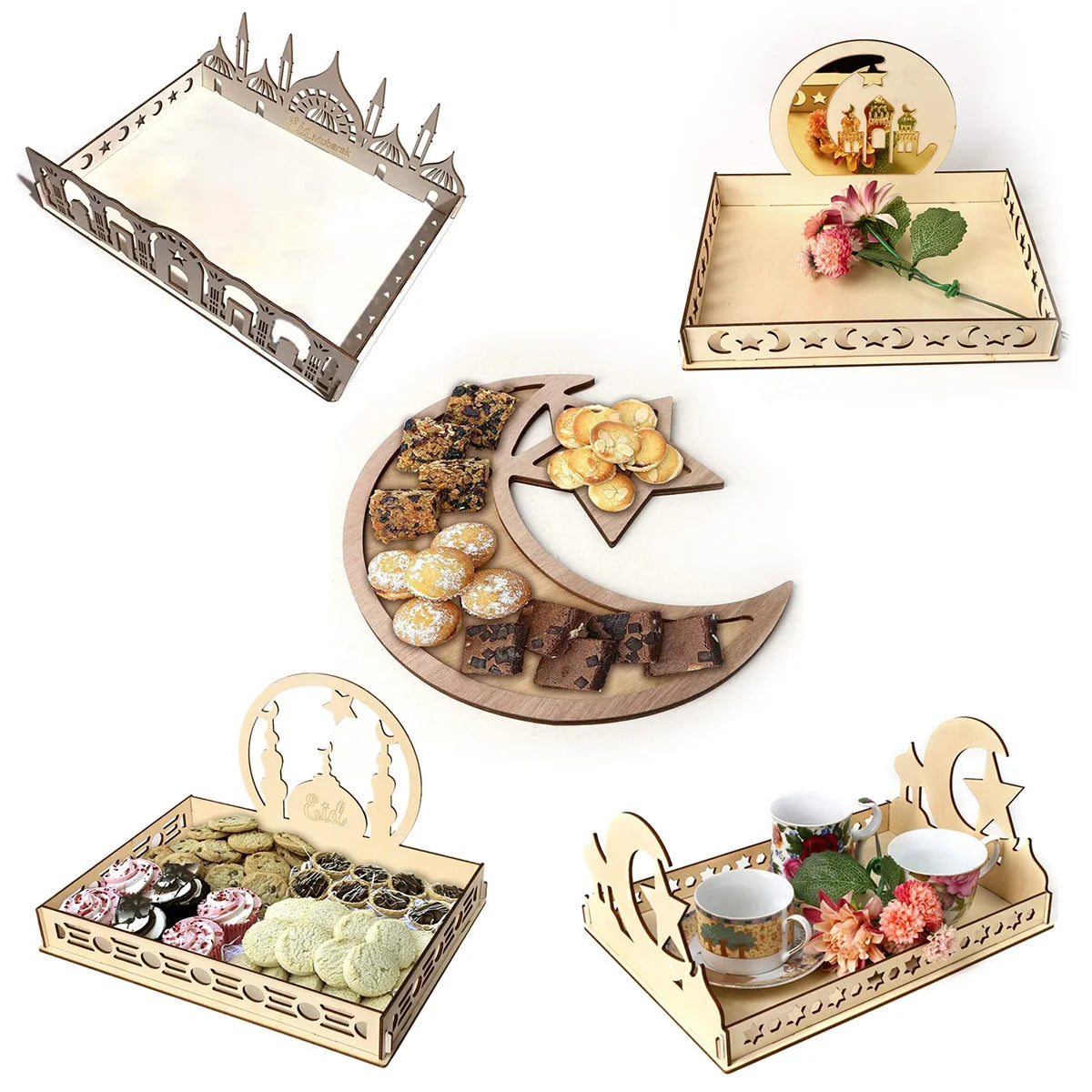 Nicro Eco-Friendly DIY Wooden Food Cake Desert Eid Mubarak Party Tableware DIY Tray Festival Supplies Ramadan Table Decoration