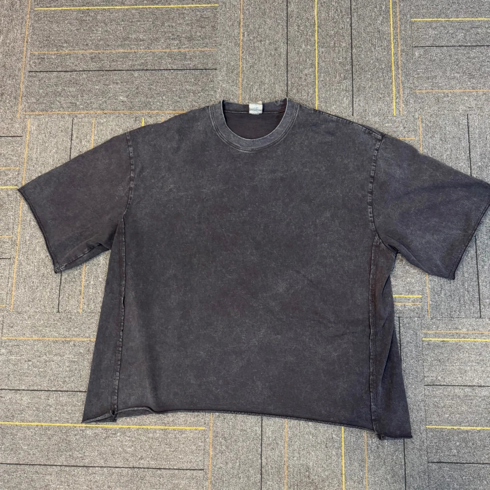260G Retro Black Boxy Tshirt for Men Wholesale Custom 100%Cotton Printing Brand Blank Oversized Simple Wash Heavyweight T-shirt
