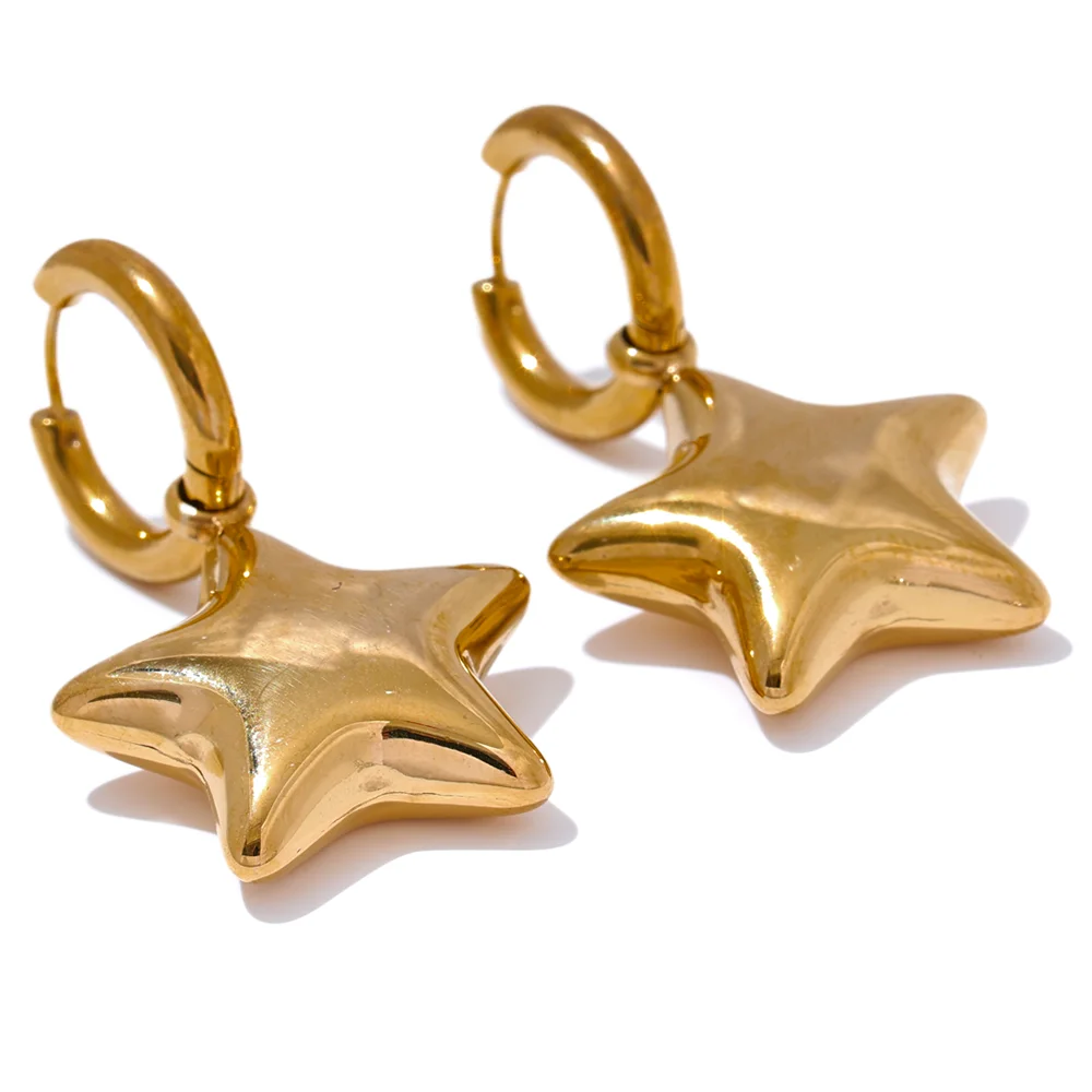 JINYOU 3359 Fashion Stainless Steel Star Hollow Thick Drop Hoop Earrings Women 18K Gold Plated Polished Texture Daily Jewelry