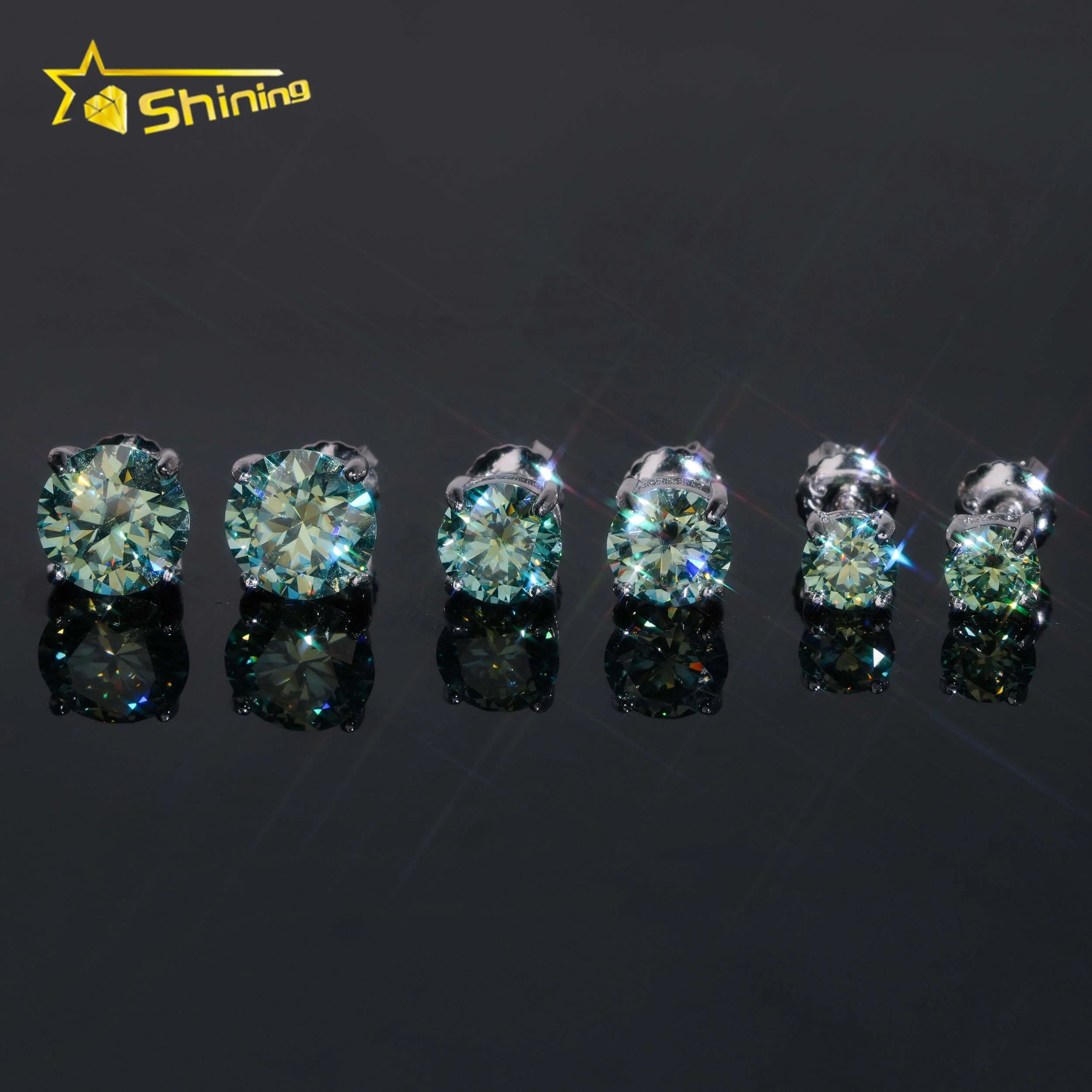 Pass Diamond Tester 925 Sterling Silver Blue Green Moissanite Round Stud Hip Hop Diamond Earrings