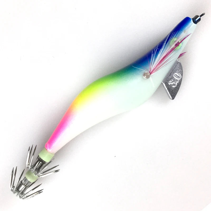 Wholesale 1.5# 2.5# 3.5# Luminous Fishing Jigs Hook Luminous Bait Fishing Wood Shrimp Lure Wooden Squid Jig