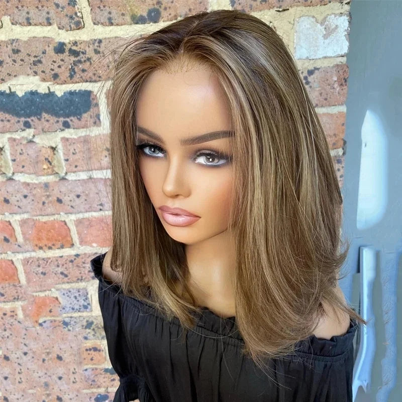 Free Style Ash Brown Highlight Color Short Bob Cut Wig Virgin European Cuticle Human Hair Transparent HD Lace Front Wigs