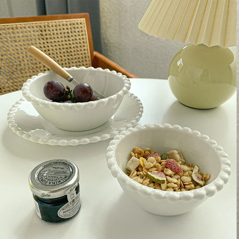 Solhui Personalized Creative Pearl Edge Ceramic Bowl Fruit Dessert Wedding Plate Restaurant Household Ceramic Tableware