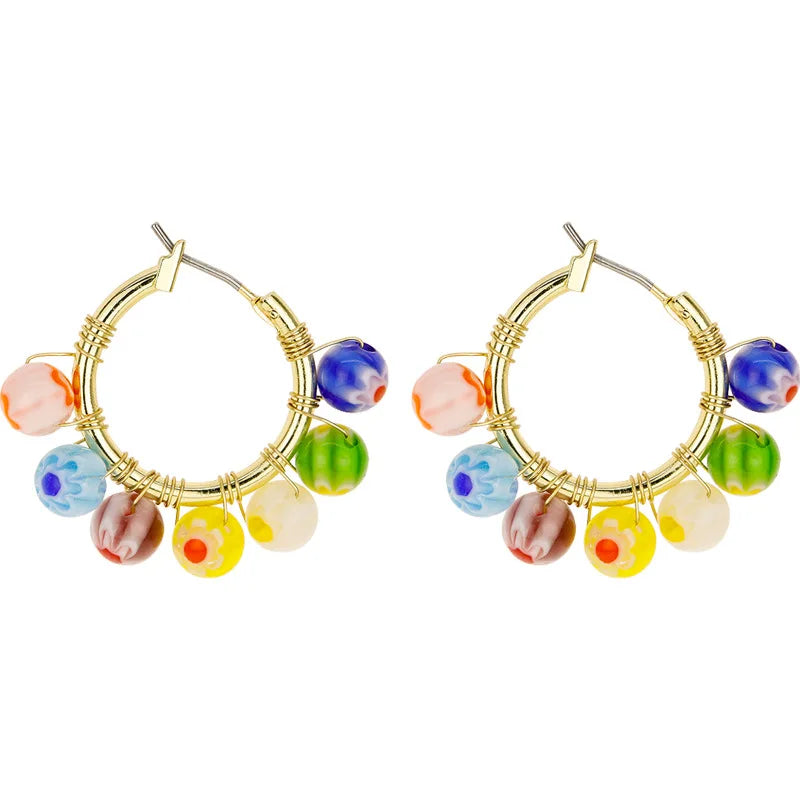 Small Business Support 90s Brass Alloy Handmade Small Hoop rainbow Glass Beads Wired Earring Women Earrings Jewelry