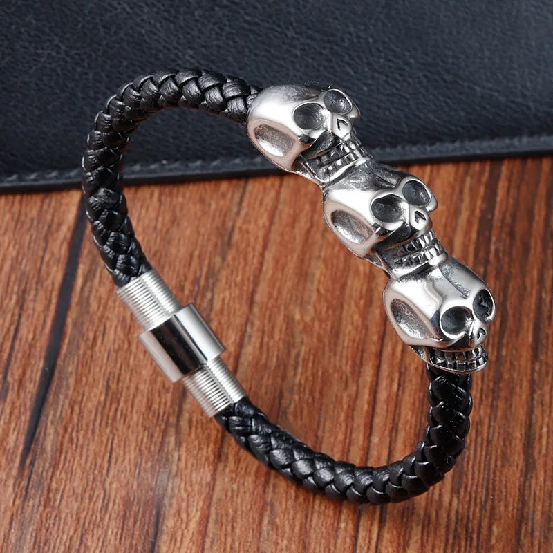 Top Sellers  Charm Skull Genuine Leather Bracelet Stainless Steel Magnetic Clasp Bangle for Men Jewelry Gift