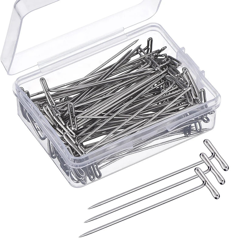 100pcs/box Wig T Pins for Holding Wigs Silver 27/32/38/51/53mm Long T-pins Styling Tools Display Macrame Modelling with Box