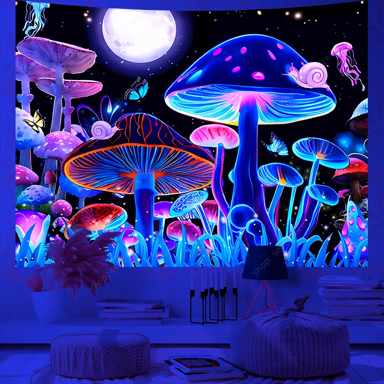 Mushroom Psychedelic Moon Butterfly Jellyfish Wall Tapestry UV Reactive Aesthetic Bohemian Room Decor Hippie Curtain Cloth