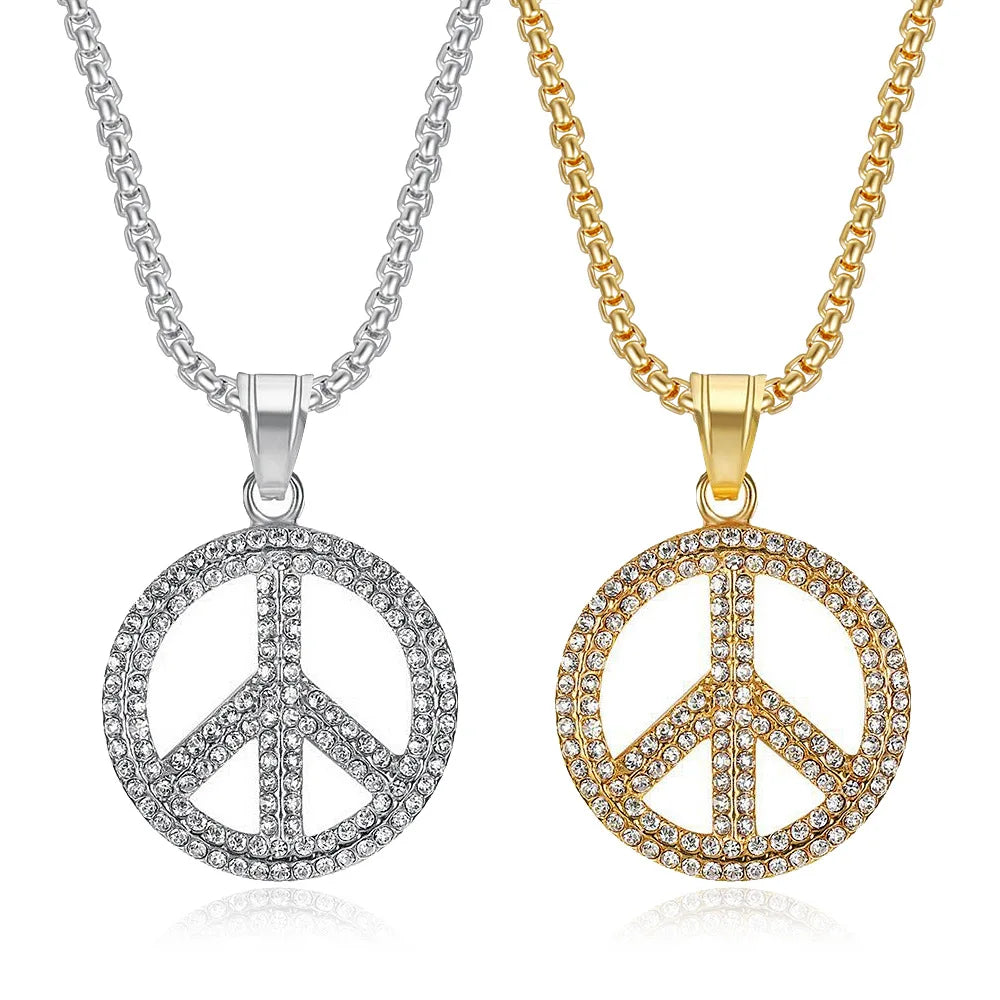 Unisex stainless steel peace sign necklace retro gold plated square pearl pendant chain hip hop charms jewelry wholesale