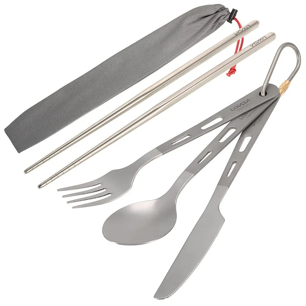4pcs Titanium Tableware Camping Fork Spoon Cutter Chopsticks Ultra Light Outdoor Cutlery Set for Picnic Travel Backpacking Hikin