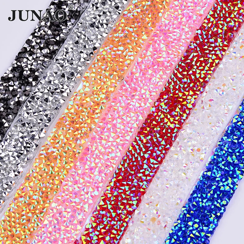 JUNAO Wholesale 5 Yard*15mm Hotfix Resin Rhinestone Chain Fabric Crystal Ribbon Trim Strass Applique for Clothes