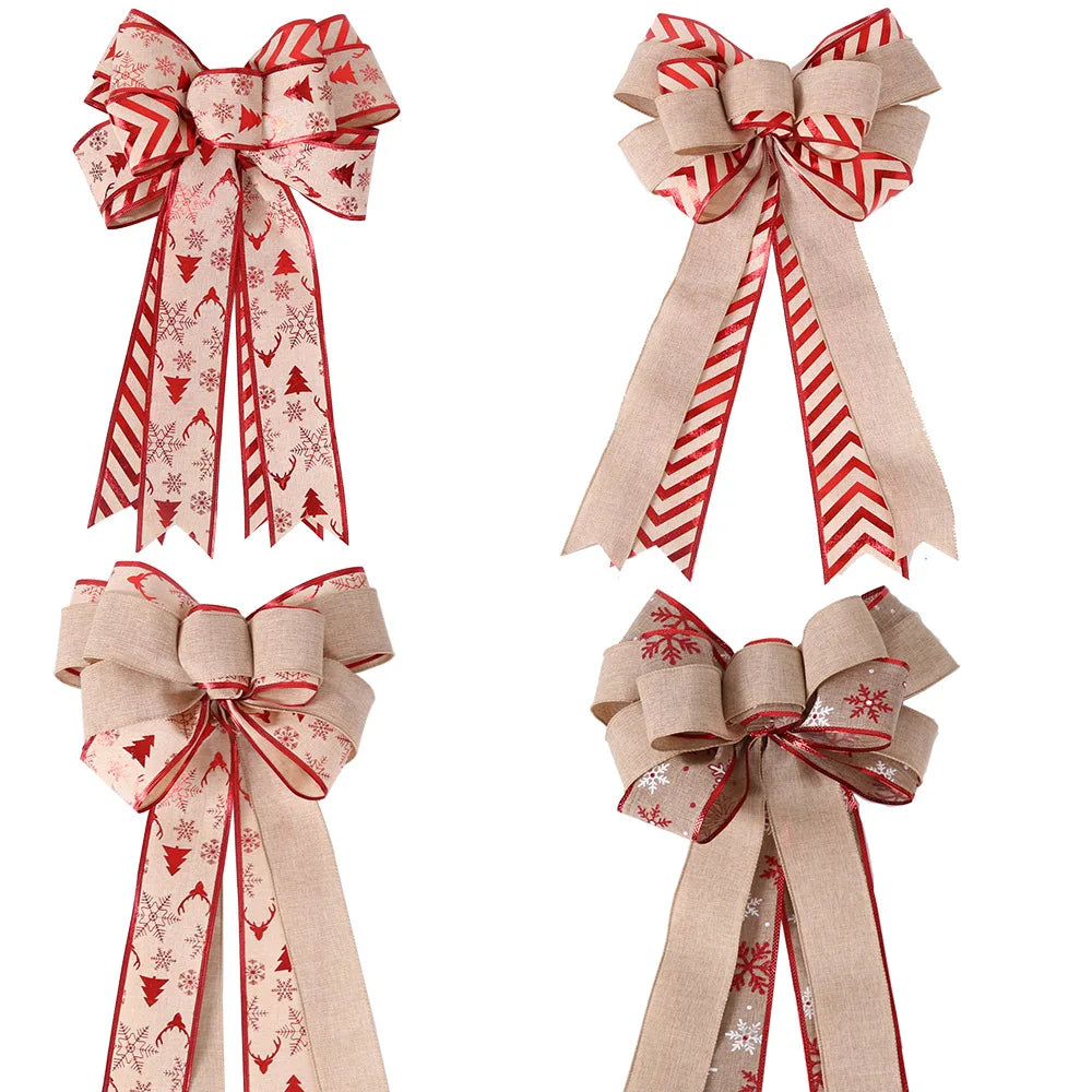 Christmas Tree Topper Wreath Door Ornament Vintage Snowflake Bowknot Handmade Jute Burlap Rustic Bow for Graduation Easter DIY