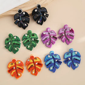 Handmade Trendy BOHO Monstera Leaf Shaped Earrings Women's 5 Color Seed Beads Beaded Hook Design for Parties