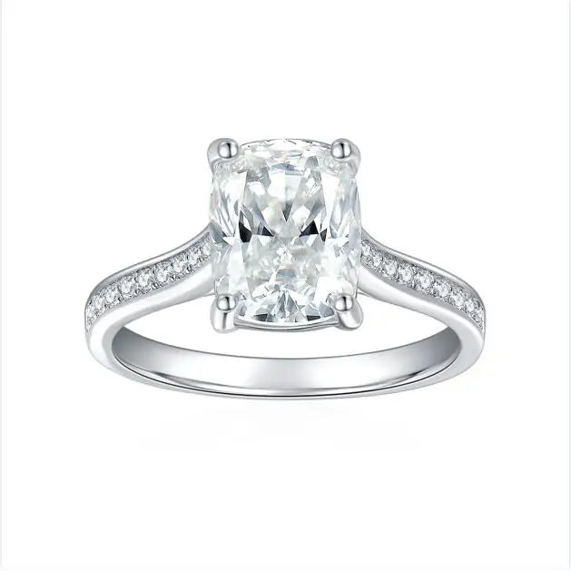 Women's Classic Style Moissanite Cushion Cut 9x7mm 925 Silver Rhodium Plated GRA Certified Engagement Ring
