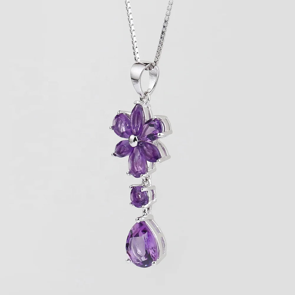 Abiding Hot Sale 925 Sterling Silver Flower Shape Fashion Pendants Jewelry Natural Amethyst Gemstone Necklace Pendant for Women