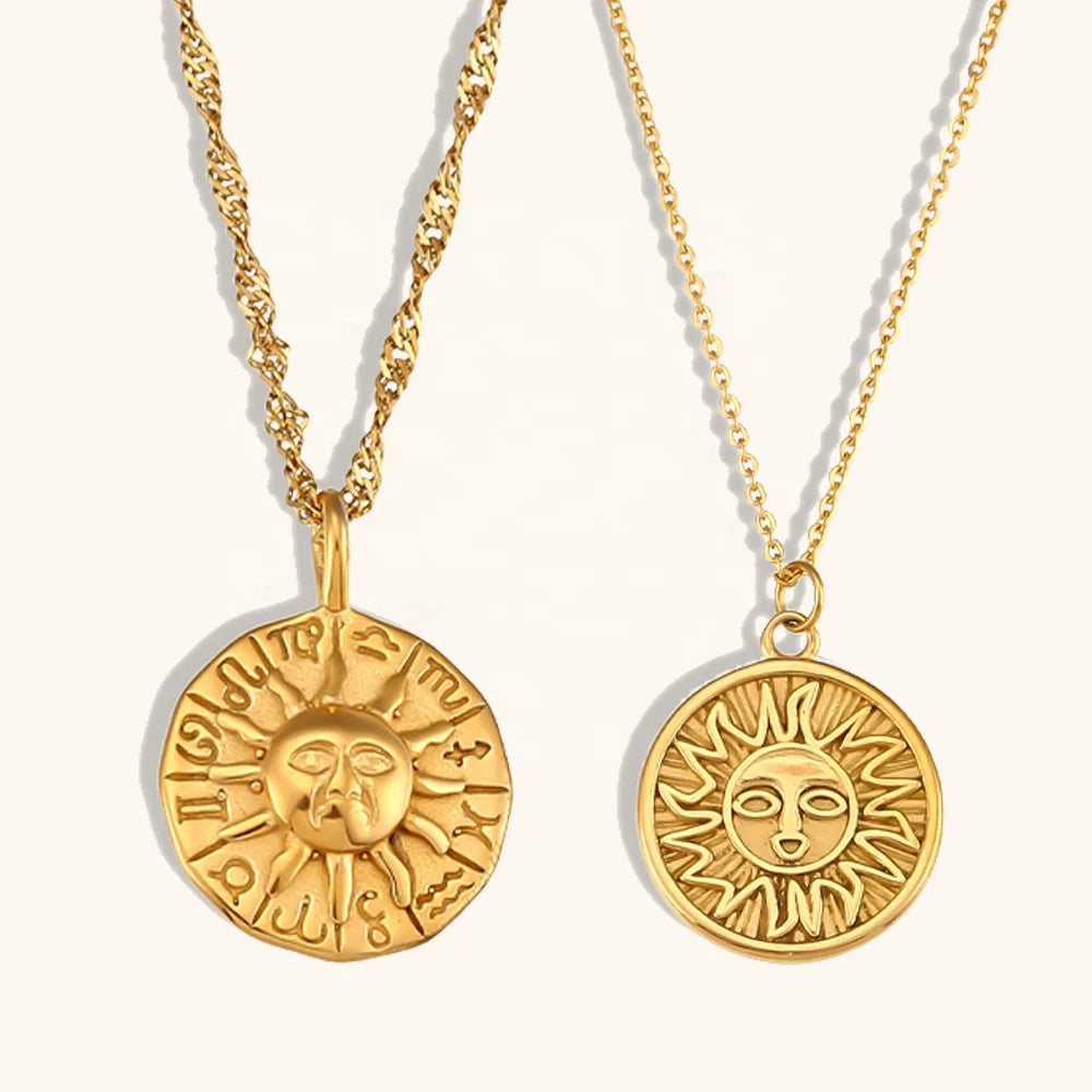 Dingran 2025 Vintage Style Stainless Steel Pendant Necklace Gold Plated Round Sun Coin with Engraved Design and Link Chain