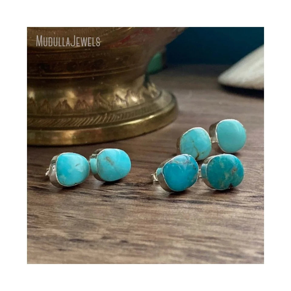 ER33973 Simple Fashion Earrings Stud Silver Plated Genuine Turquoise Gemstone Stud Earrings Jewelry December Birthstone