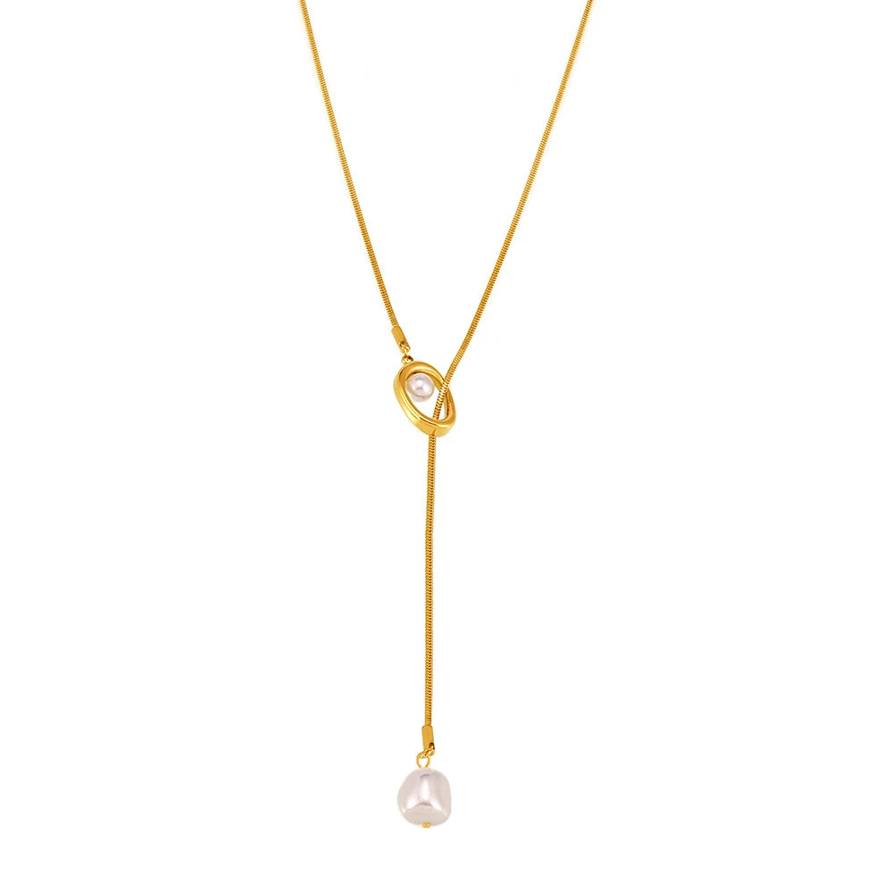 #2024 Best-selling French Fringe Imitation Pearl Necklace Long Draw Sweater Chain Stainless Steel MegaBDM