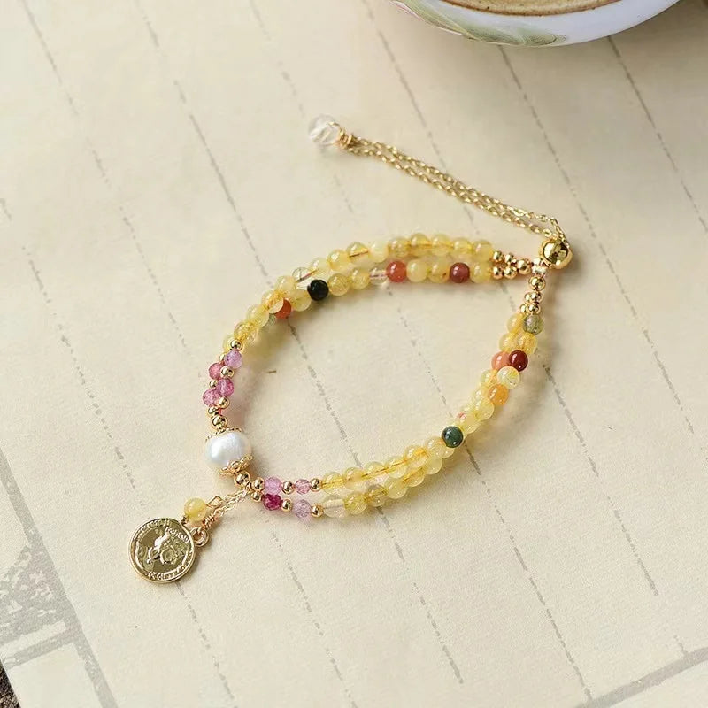 Hand Made 14k Gold Filled  Natural Gold Rutilated Quartz Double Ring Bracelet  Natural Crystal Gemstone  Jewelry
