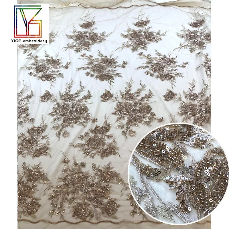 Supplier Hot Sales Products Apricot Knitted Tulle Beaded Sequins Embroidery With Laces Fabrics for Women