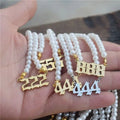 Customized Name Plate 18K Plated Gold Stainless Steel Angel Number Necklace Pearl Jewelry Lucky Number Pendant Choker