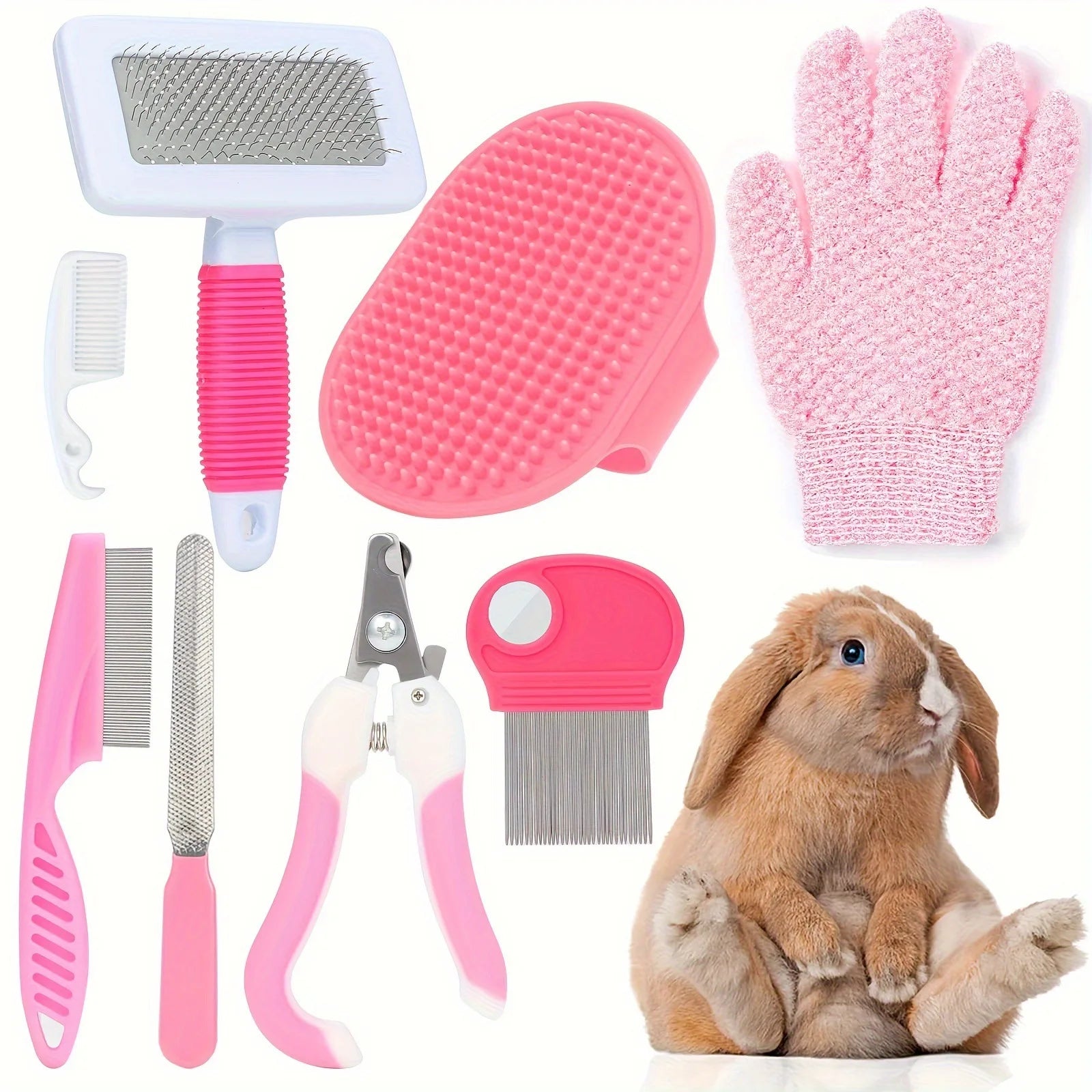 Pet Cleaning Grooming 8-Piece Plastic Rabbit Beauty Care Suit Nail Clippers Flea Comb Bath Brush Gloves Labeled Cleaning Comb