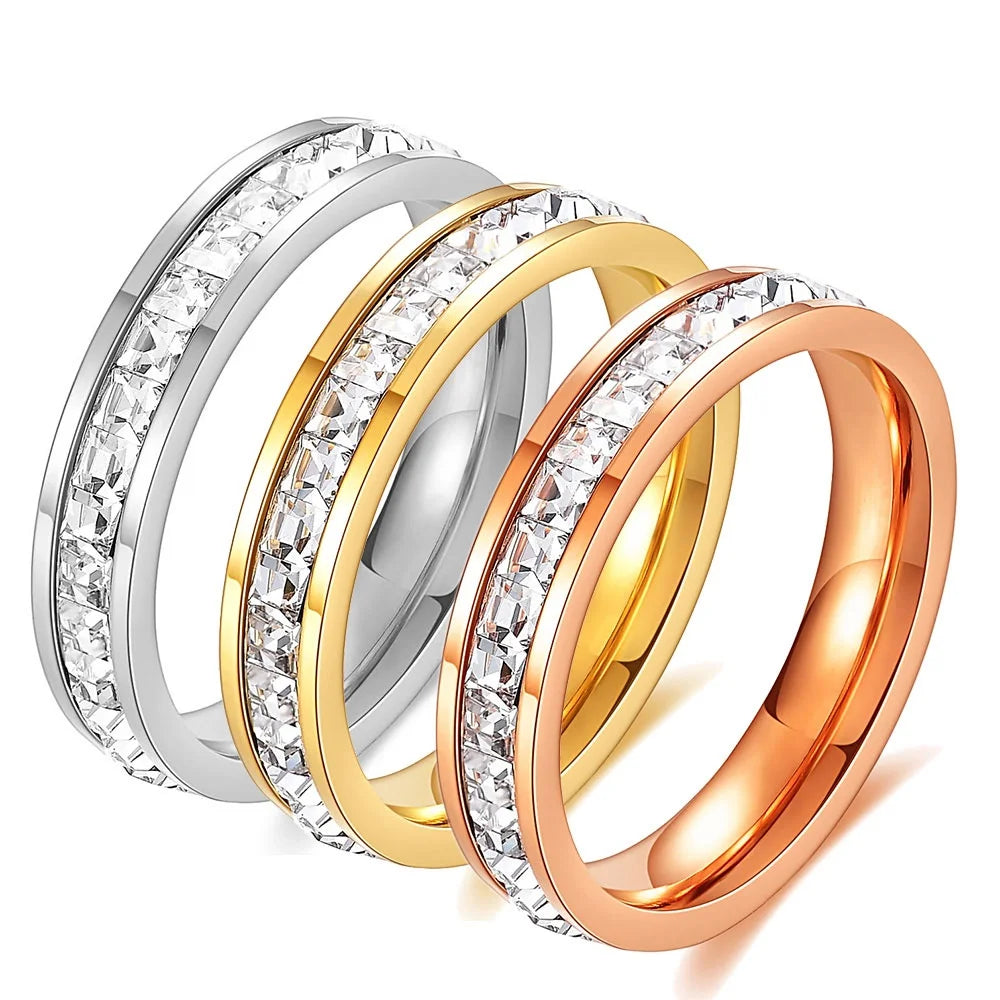 Fashion Crystal Zircon Ring Fine Jewelry  Size 4-12 Stainless Steel Geometric Waterproof PVD 18K Gold Engagement Rings for Women