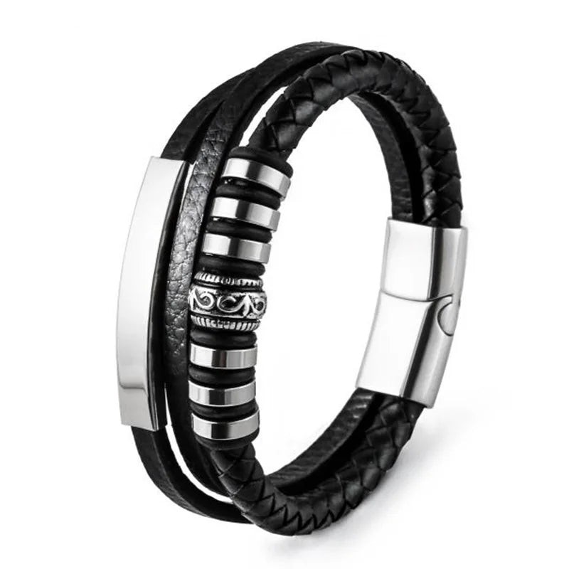 Multi Layers Wrap Leather Braided Bracelets Wrist Cuff Bangle Stainless Steel Magnetic Leather Bracelets for Men