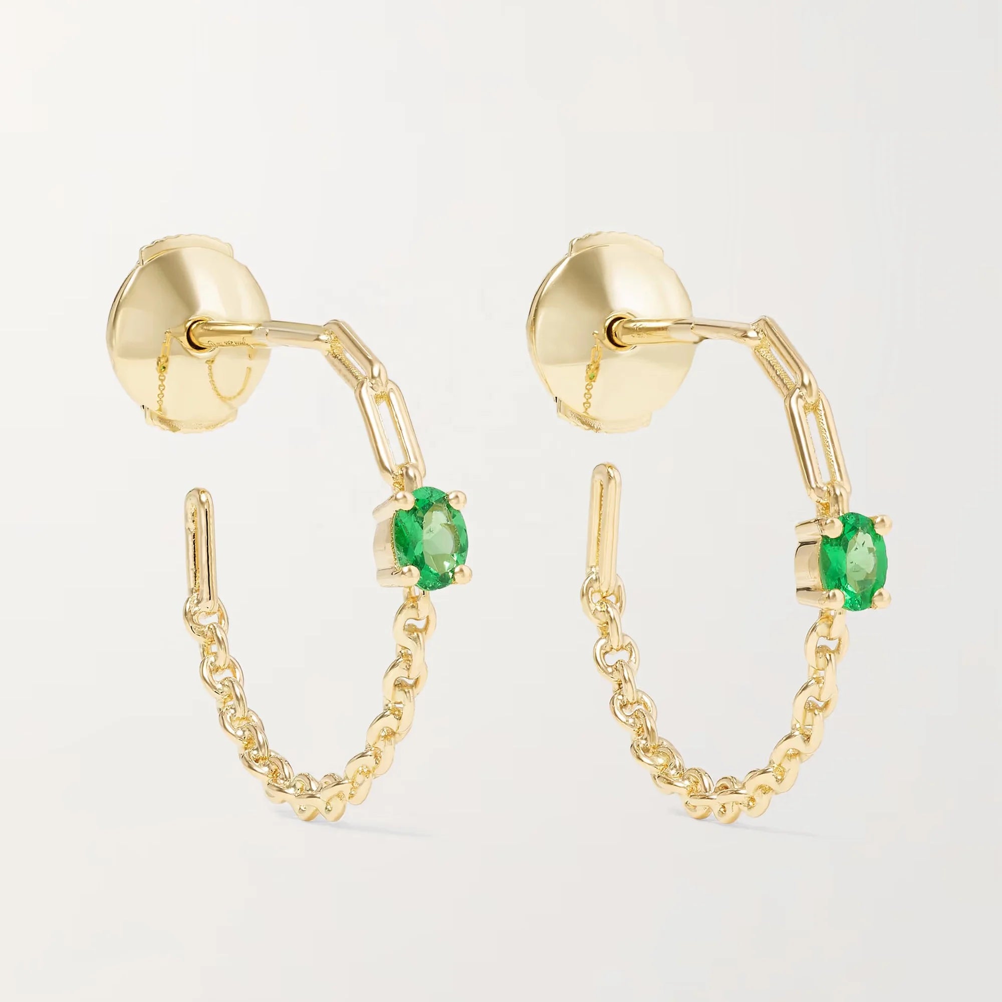 LOZRUNVE 925 Silver Fine Emerald Oval Gemstone Link Chain Shape Medium C Hoop Earring