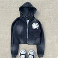 Custom Manufacturer Vintage French Terry Zip up Acid Wash Hoodies Distressed Embroidery Applique Patch Cropped Raw Hem Hoodie
