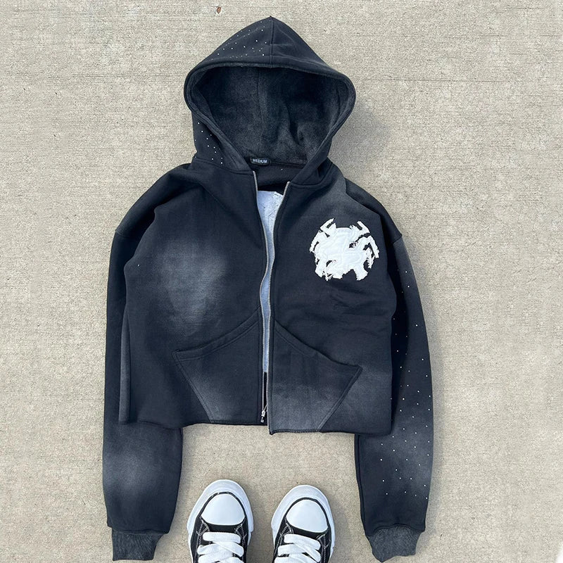 Custom Manufacturer Vintage French Terry Zip up Acid Wash Hoodies Distressed Embroidery Applique Patch Cropped Raw Hem Hoodie