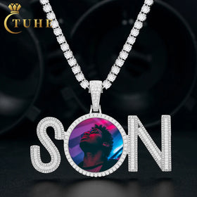 Factory Wholesale Price Trendy 75mm Gold Plated Brass AAAAA Baguette CZ Diamond Iced Out Letter SON Custom Photo Pendant