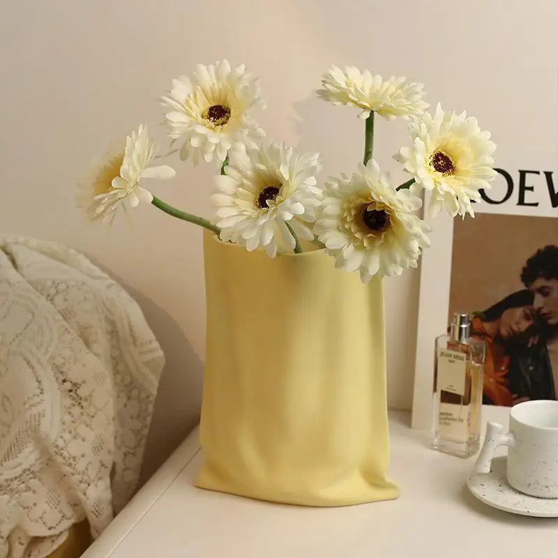 Silver-plated Ceramic Vase Simple Living Room Paper Bag Style Flower Arrangement Home Decoration