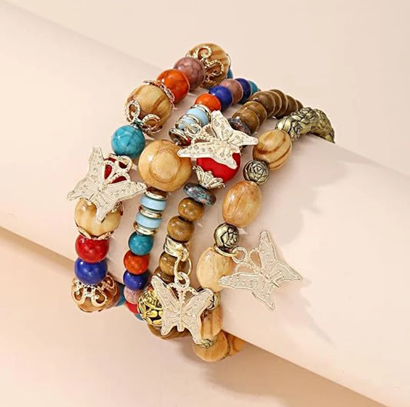 Custom Vintage Multilayer Beaded Bracelet Gold Plated Butterfly Charm Unisex Elastic Stack Natural Crystal Beaded Bracelet