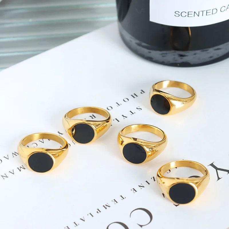 French Style Ins Hot Selling Black Drip Oil Circular Ring Stainless Steel Plated 18k Gold Ring Anillos De Oro 18k