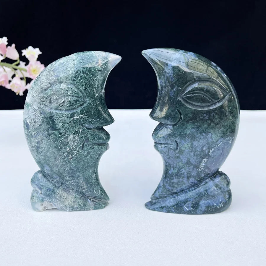 Natural Agate Crystal Craft Moon Face Green Sea Moss Agate Moon Face Ornament for Home Decoration