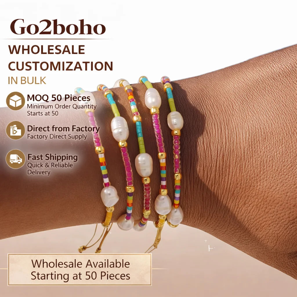 Go2boho Bohemian Style Simulated Pearl Beaded Bracelets for Summer Beach Gold Plated Waterproof Adjustable Jewelry for Women