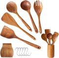 Set of Wooden Kitchen Utensils with Brackets Natural Hand-made Teak Spatula Spoons Forks and Wooden Spoon Holders and Bracket