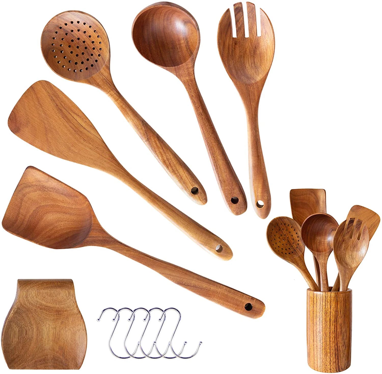 Set of Wooden Kitchen Utensils with Brackets Natural Hand-made Teak Spatula Spoons Forks and Wooden Spoon Holders and Bracket