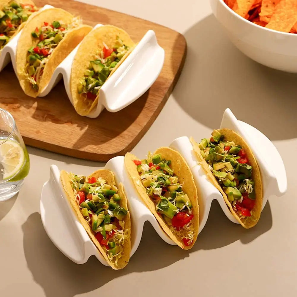 Porcelain Taco Holder 9.65" Large Stand with Handle Sturdy Stable Oven & Microwave & Dishwasher Safe Ceramic Plate Restaurant