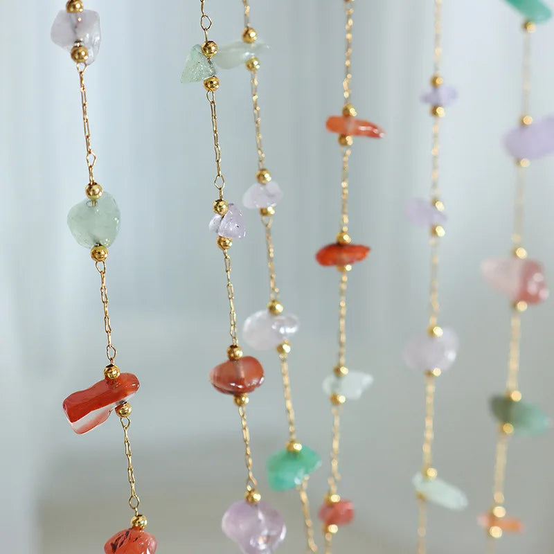 Boho Bohemian 18K Pvd Gold Plating Bead Chain Turquoise Rose Quartz Raw Healing Crystal Statement Stainless Steel Chain Necklace