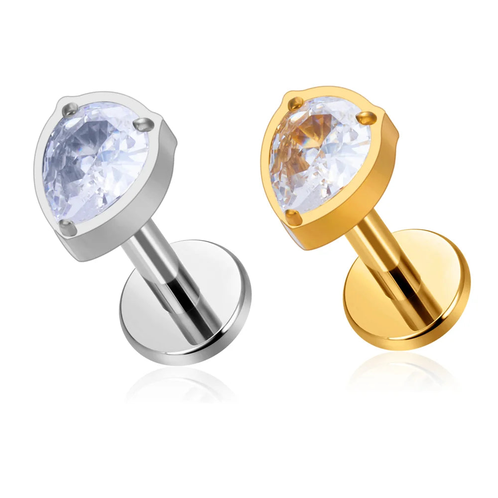 G23 ASTM F136 Titanium Teardrop Shape Nose Stud Earrings Zircon Inlay Labret 16G Ear Stud Ear Tragus Body Piercing Jewelry