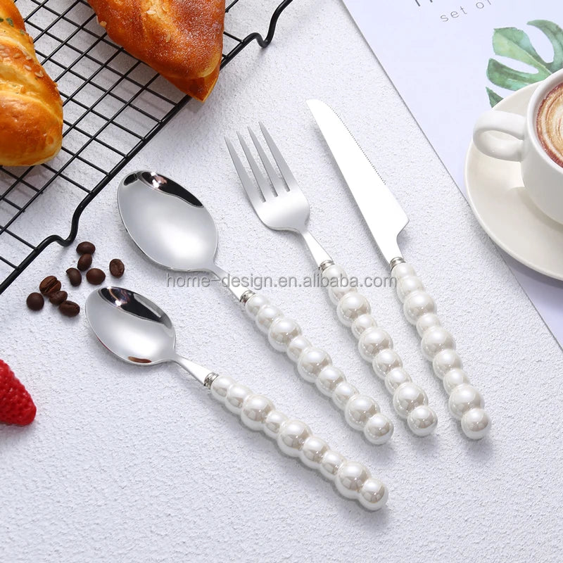 Modern Ceramic Handle Pearl Shape Stainless Steel Cutlery Knife Fork and Spoon Set for Wedding and Business Gifts