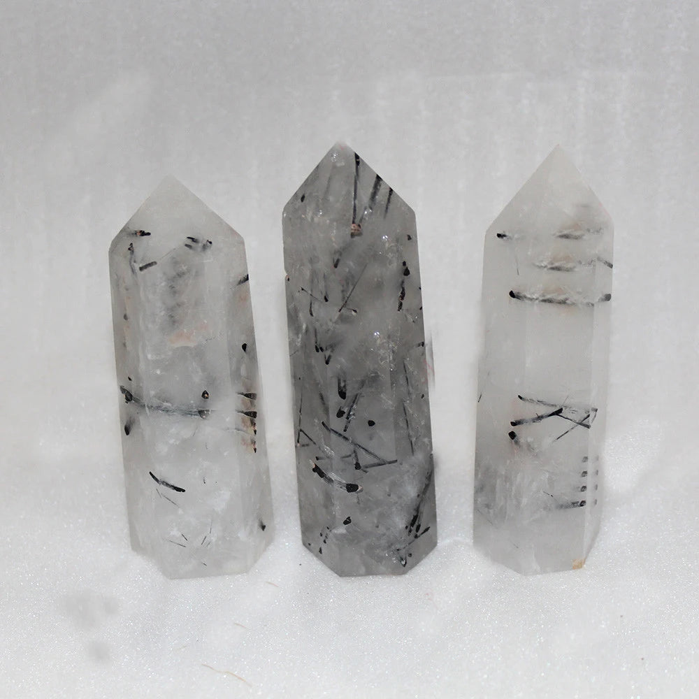 10x3cm Natural Black Rutilated Quartz Crystal Wand Hexagonal Faceted Quartz Crystal Stone Points Gemstone Wand