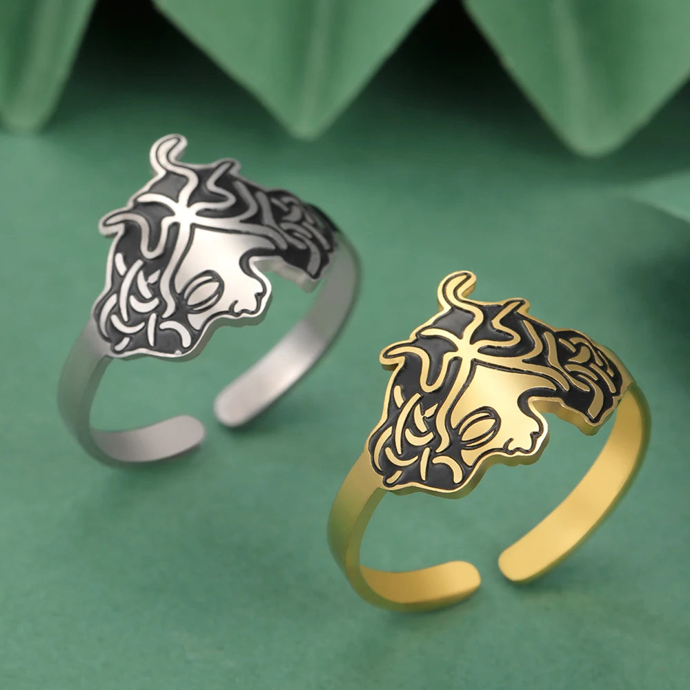 Myshape Ancient Greek Mythology Medusa Ring Adjustable Goddess Half Face Open Ring Stainless Steel Jewelry