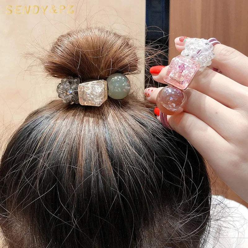 New Design Sweet Style Crystal Rubber Band Hair Rope Cute Bead Girls Hair Ties Accessories Fashion Women  Headwear