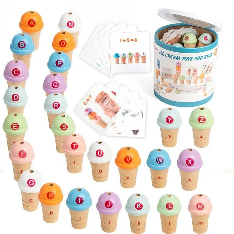 Children's Wooden Simulation Role Play Ice Cream Stacking Game Educational Pretend Learning Playing Gift Kitchen Toys for Kids